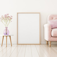 Aufkleber - Poster mockup with vertical frame standing on floor in living room interior with pink sofa and flowers in vase. 3D rendering.