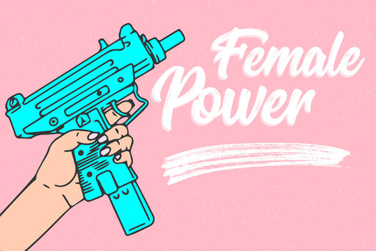 Wall Mural -  - Female power, woman with gun in hand, cartoon vector illustration on pink background design concept
