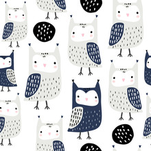 Seamless Pattern With Owls And Abstract Shapes. Creative Woodland Childish Texture. Great For Fabric, Textile Vector Illustration