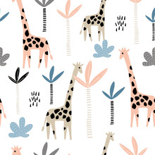 Seamless Pattern With Giraffe And Palms Tree. Creative Jungle Childish Texture. Great For Fabric, Textile Vector Illustration