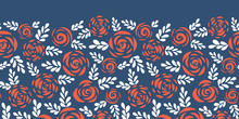 Floral Vector Border Red Roses With White Leaves On Blue Background Seamless. Scandinavian Flower Silhouettes. Pattern For Valentines, Greeting Card, Wedding, Poster, Banner, Frame, Stencil, Party