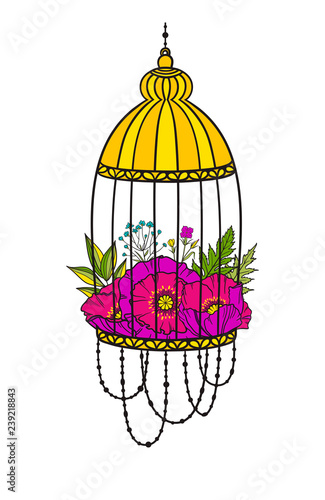 Fotografia Bird cage with bloom poppies.