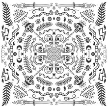 Black And White Bandana, Old School Tattoo Elements In Doodle Style With Snakes, Skulls, Skates And Knifes Vector Illustration Concept On White Background