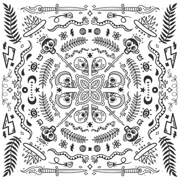 Wall Mural -  - Black and white bandana, old school tattoo elements in doodle style with snakes, skulls, skates and knifes vector illustration concept on white background