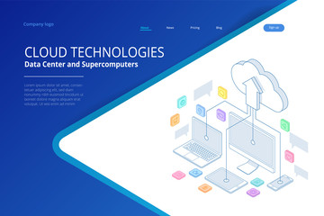 Wall Mural - Web page design templates Cloud Computing concept. Isometric cloud services. Internet technology. Online services. Data, information security. Vector illustration.