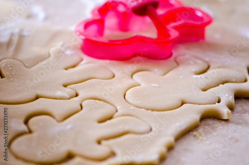 Fotografie, Obraz Abstract selective focus macro view of sugar cookie Christmas dough cut out with