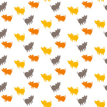Seamless Pattern Of Silhouettes Pigs. Cartoon Yellow, Brown And Red Piglets Background. Vector Template Isolated On White.