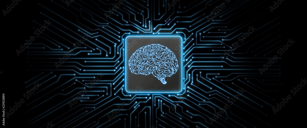 Abstract blue glowing circuit board background with brain logo at ...