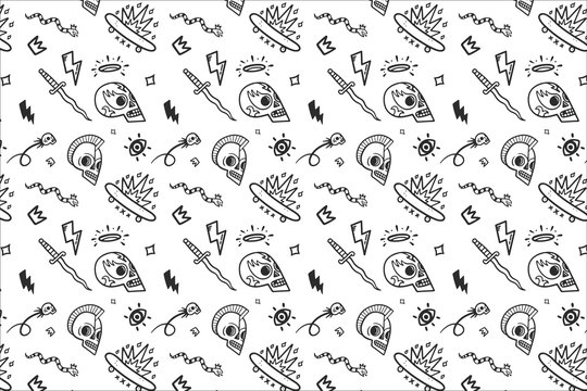 Wall Mural -  - Black and white vector old school tattoos pattern on white background, doodle illustration