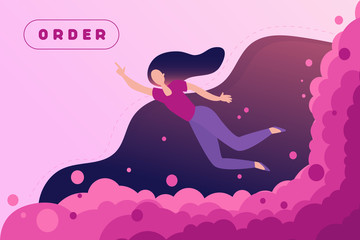 Wall Mural - Isolated web page design template for online shopping, digital marketing, teamwork, business strategy and analytics. Modern vector illustration. Woman flying to button