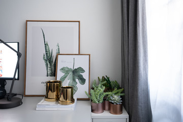 Composition of gold mirror ceramic pots with artificial plants inside setting on minimal books and group of copper aluminium pots in natural light setting scene / cozy interior concept / decoration 