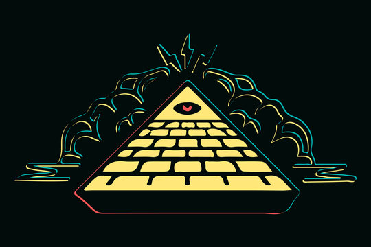 Wall Mural -  - Isolated colorful masons pyramid with red eye vector illustration, Eye of Providence. Masonic symbol. All seeing eye inside triangle pyramid. New World Order. Hand-drawn alchemy, religion, spiritualit