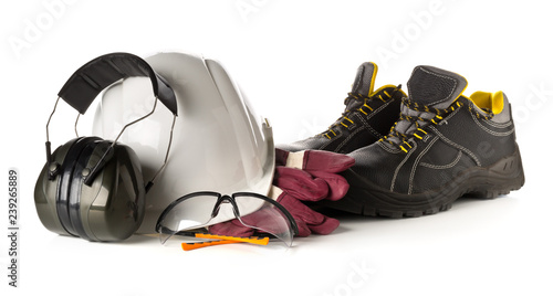Work safety and protection equipment - protective shoes, safety glasses, gloves Tableau sur Toile