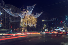 13 DEC 2018, Romania, Bucharest. Rich Christmas Decoration At Bulevardul Nicolae Balcescu In Bucharest. Long Exposure Image. Selective Focus