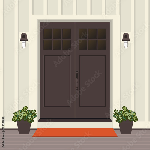 House Door Front With Doorstep And Mat Window Lamp Flowers Building Entry Facade Exterior Entrance Design Illustration Vector In Flat Style Buy This Stock Vector And Explore Similar Vectors At Adobe
