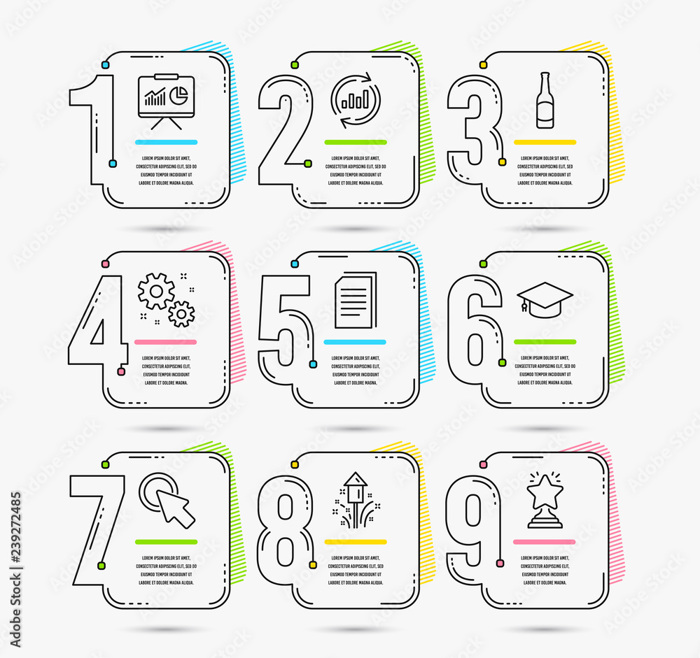 Infographic timeline set of Graduation cap, Click here and Work icons ...