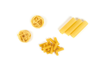 Wall Mural - different pasta varieties isolated on white background.