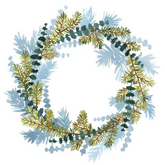 Wall Mural - Christmas watercolor wreath of spruce with twigs of eucaliptus