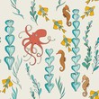 The marine underwater pattern is seamless. Graphic drawings of fish, octopus, algae. Seamless retro illustration for fabric, gift wrapping and printing.