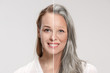 Leinwandbild Motiv Comparison. Portrait of beautiful woman with problem and clean skin, aging and youth concept, beauty treatment and lifting. Before and after concept. Youth, old age. Process of aging and rejuvenation