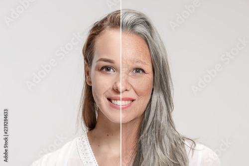 Fototapete Comparison. Portrait of beautiful woman with problem and clean skin, aging and youth concept, beauty treatment and lifting. Before and after concept. Youth, old age. Process of aging and rejuvenation