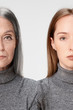 © master1305 - Comparison. Portrait of beautiful woman with problem and clean skin, aging and youth concept, beauty treatment and lifting. Before and after concept. Youth, old age. Process of aging and rejuvenation