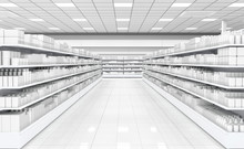 Interior Of A Supermarket With Shelves With Goods. 3d Image