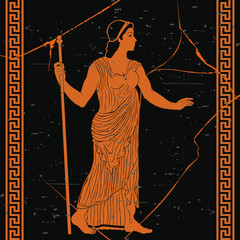 Ancient Greek woman in a tunic with a staff in her hand on a black background with the effect of aging and cracks.