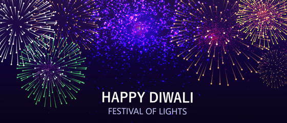 Diwali festival lights poster. DIwali holiday shiny background with fireworks. Vector illustration