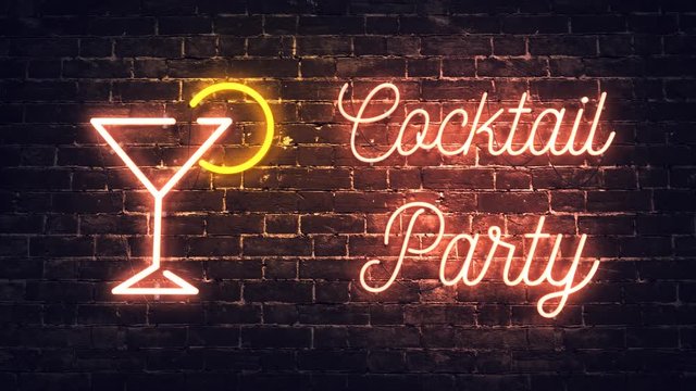 Wall Mural -  - Neon Cocktail Bar sign on brick wall background