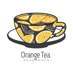 Wall Mural - hand drawn cup of  orange  tea, creative logo Element for design invitations, gift cards, flyers and brochures. Vector illustration isolated on white background.