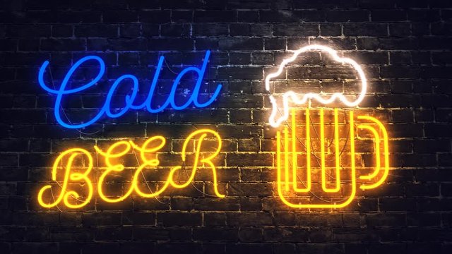 Wall Mural -  - Neon cold beer bar sign on the brick wall background
