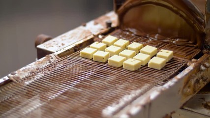 Wall Mural - production, candy shop and people concept - confectioner setting candies to chocolate coating machine at confectionery