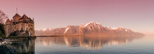 Panoramic View Over Bloody Sunset At Swiss Alpes Mountains, Leman Lake And Old Castle, Switzerland