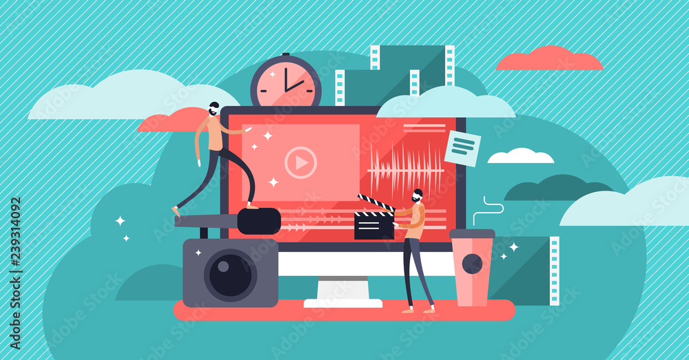 Video editor vector illustration, flat mini person concept with online video production - obrazy, fototapety, plakaty 