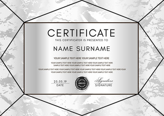 Wall Mural - Silver certificate vector template. Black triangle (geometric) pattern. Gray marble textured background for Diploma, certificate of appreciation, invitation design