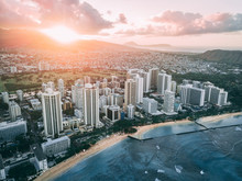 Skyline Of Waikiki, Honolulu, Oahu, Hawaii While Sunrise