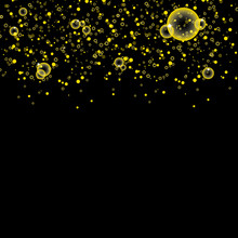 Gold Bubbles Droplet Shiny Scatter Splashing And Falling Celebration Confetti Party On Black Abstract Background Vector Illustration