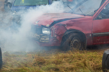 a race of cars that hit each other. old broken cars in crashes during a race. auto catch and car crash rally