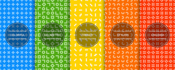 Set of simple seamless geometric patterns - bright colorful minimalistic design. Vibrant vector backgrounds