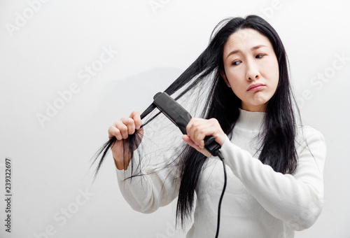 Asian Woman Making Hairdress Women Use Hair Straighteners