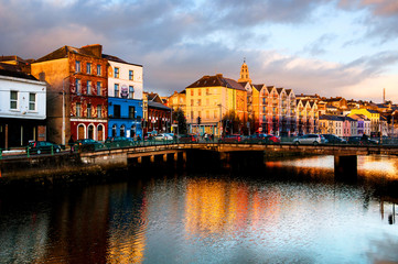 Poster - Bank of the river Lee in Cork, Ireland city center with various shops