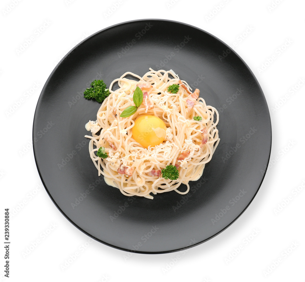 Plate with delicious pasta carbonara on white background