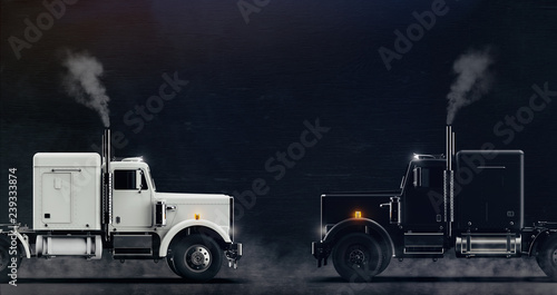 Cuadros en Lienzo Two classic semi trucks facing each other side view on dark background with some