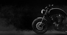 Black Motorcycle Detail On A Dark Background With Smoke, Side View (3D Illustration)