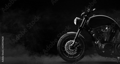 Fotografía Black motorcycle detail on a dark background with smoke, side view (3D illustrat