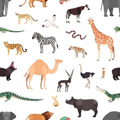 Wall Mural - Seamless pattern with exotic animals on white background. Backdrop with wild fauna of African savannah and desert. Colorful vector illustration in flat cartoon style for wrapping paper, wallpaper.