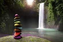 Serenity, Tranquility And Calm Stillness In Nature, Stones Stacked Near A Tropical Waterfall