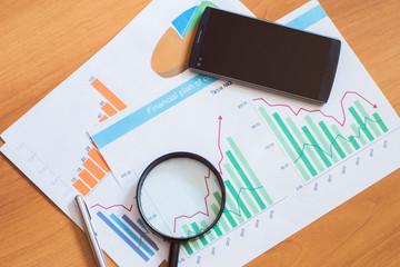 Documents with graphs and charts. Information analysis business diagram.