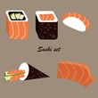 Vector set of sushi food icons. Uramaki, maki, negiri, temaki, sashimi.